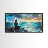 Woman Meditating Coastal Sunset Framed Canvas Print Yoga Art Nautical Wall Art Bedroom Decor Perfect Gift Idea Coastal Cowgirl Artwork