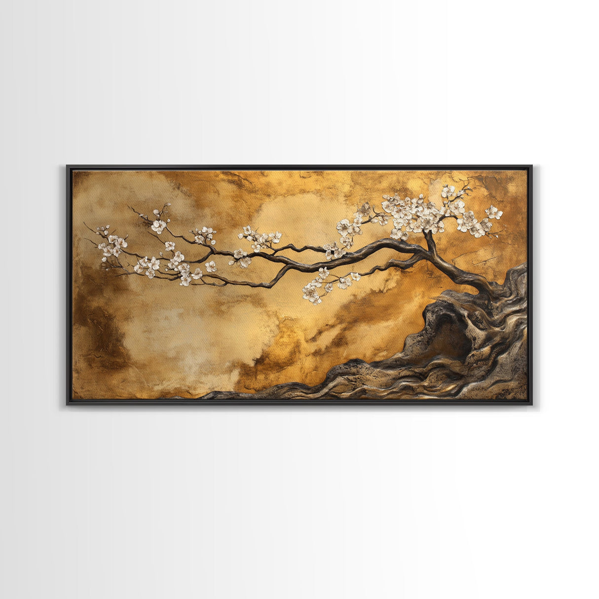 Framed Canvas Print of Golden Cherry Blossom Art in Chinoiserie Style with Metallic Details, Elegant Botanical Wall Art Gift