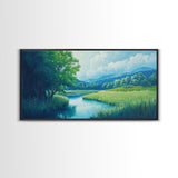 Canvas Print of Serene Green Valley and River Landscape, Rustic Wall Art, Gift Idea for Nature Lovers and Rustic Home Decor