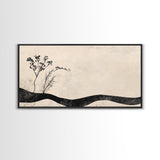 Minimalist Nature Framed Canvas Print, Wabi Sabi Wall Art Above Sofa Decor, Rustic Botanical Artwork Idea Horizontal Bedroom Decor