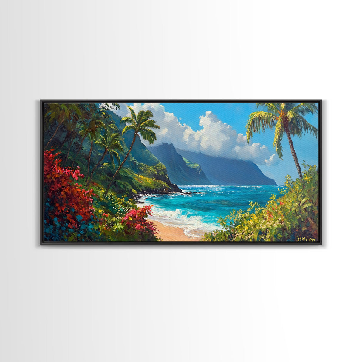 Lush Hawaiian Coast Canvas Print Coastal Painting Nautical Wall Art Panoramic Art Tropical Landscape Art Above Bed Wall Art Gift Idea