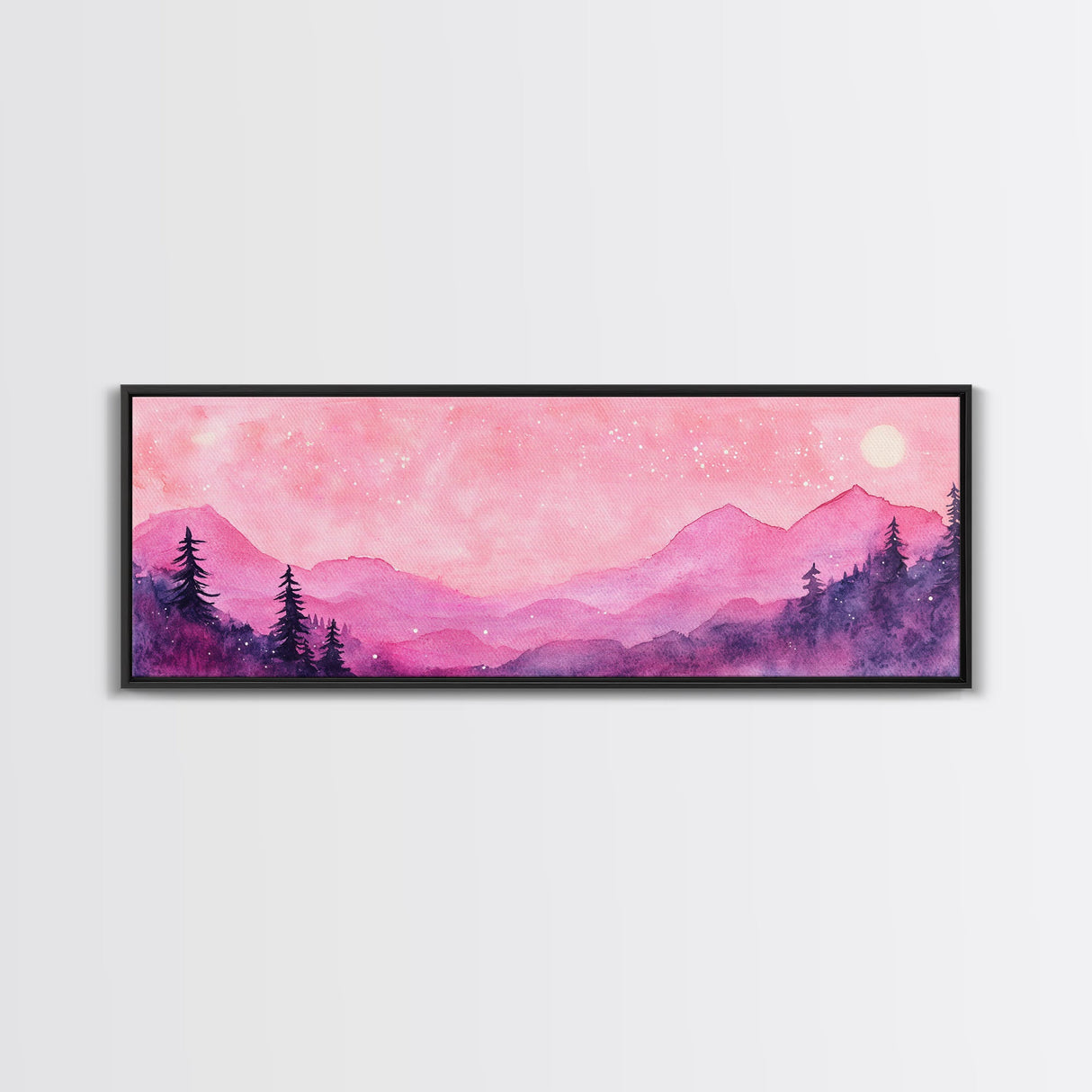 Mountain Landscape Art Framed Canvas Print in Light Pink Hues with Starry Sky, Bedroom or Living Room Artwork, Rustic Decor Painting