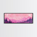 Mountain Landscape Art Framed Canvas Print in Light Pink Hues with Starry Sky, Bedroom or Living Room Artwork, Rustic Decor Painting