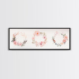 Wildflower Wreath Painting Framed Canvas Print in Pastel Pink and Green, Vertical Rustic Farmhouse Artwork, Botanical Gift Idea