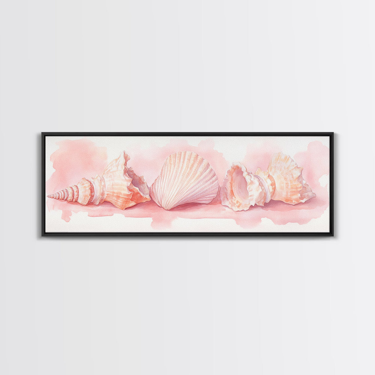 Shell Painting Framed Canvas Print Featuring Coastal Shells in Pastel Pink, Nautical Decor Idea, Horizontal Coastal Artwork