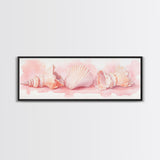 Shell Painting Framed Canvas Print Featuring Coastal Shells in Pastel Pink, Nautical Decor Idea, Horizontal Coastal Artwork