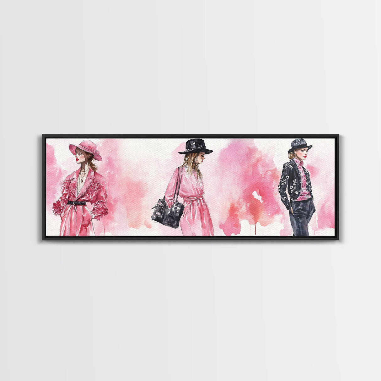 Fashion Illustration Wall Art, Framed Canvas Print, Light Pink and Black Modern Style, Above Sofa Artwork, Whimsical Statement Piece