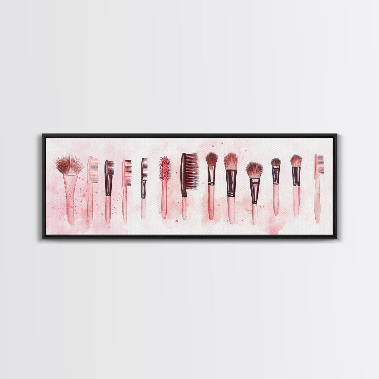 Framed Canvas Print of Makeup Brushes and Combs in Pink Ideal Gift Idea with Whimsical Art for Vanity or Beauty Room Wall Decor