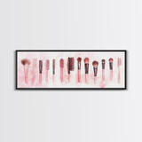 Framed Canvas Print of Makeup Brushes and Combs in Pink Ideal Gift Idea with Whimsical Art for Vanity or Beauty Room Wall Decor
