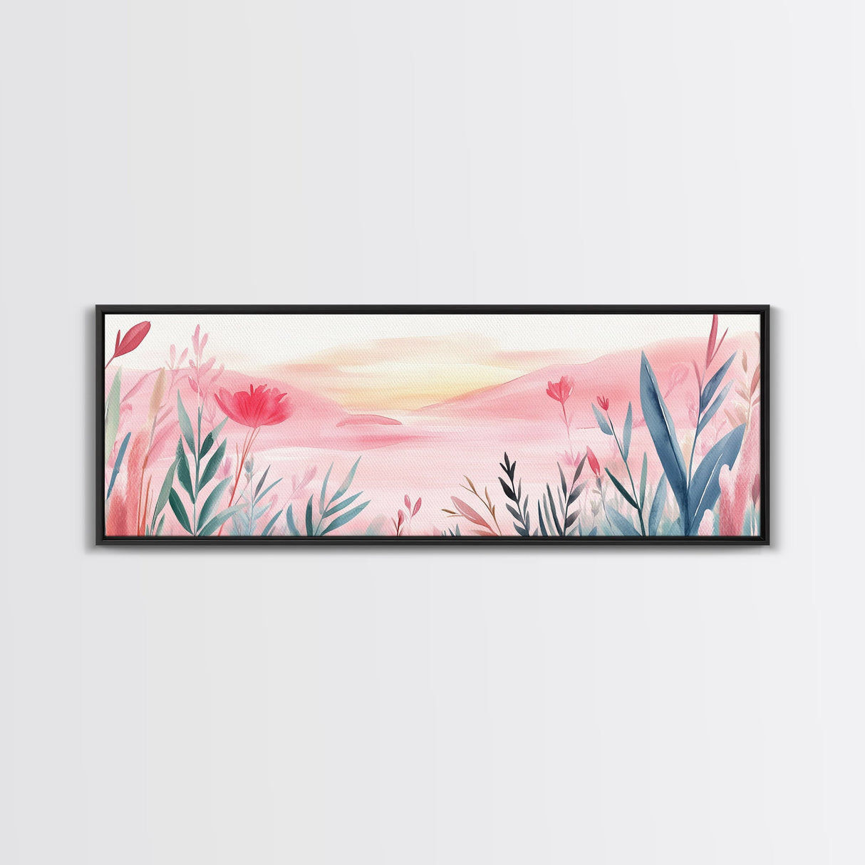 Wildflower Horizon Canvas Print, Light Pink Coastal Landscape Art, Panoramic Wall Art, Above Sofa Decor, Nature-Inspired Artwork