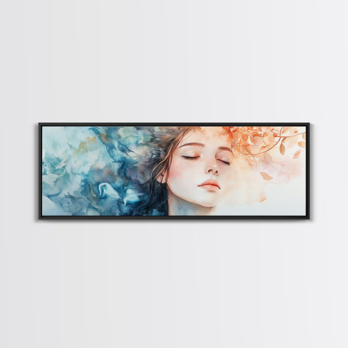 Moody Woman Portrait Framed Canvas Print - Abstract Cherry Blossom Painting, Fall Bedroom Art, Minimalist Wall Decor, Gift Idea For Her