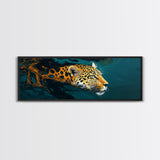 Leopard In Motion Framed Canvas Print - Abstract Jungle Painting, Teal And Orange Wildcat Art, Modern Safari Wall Decor, Bedroom Accent