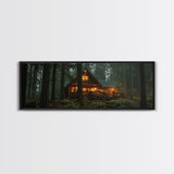 Warm Forest Cabin Framed Canvas Print, Rustic Decor Wall Art, Cozy Woodland Scene Painting, Moody Autumn Landscape, Living Room Art Piece