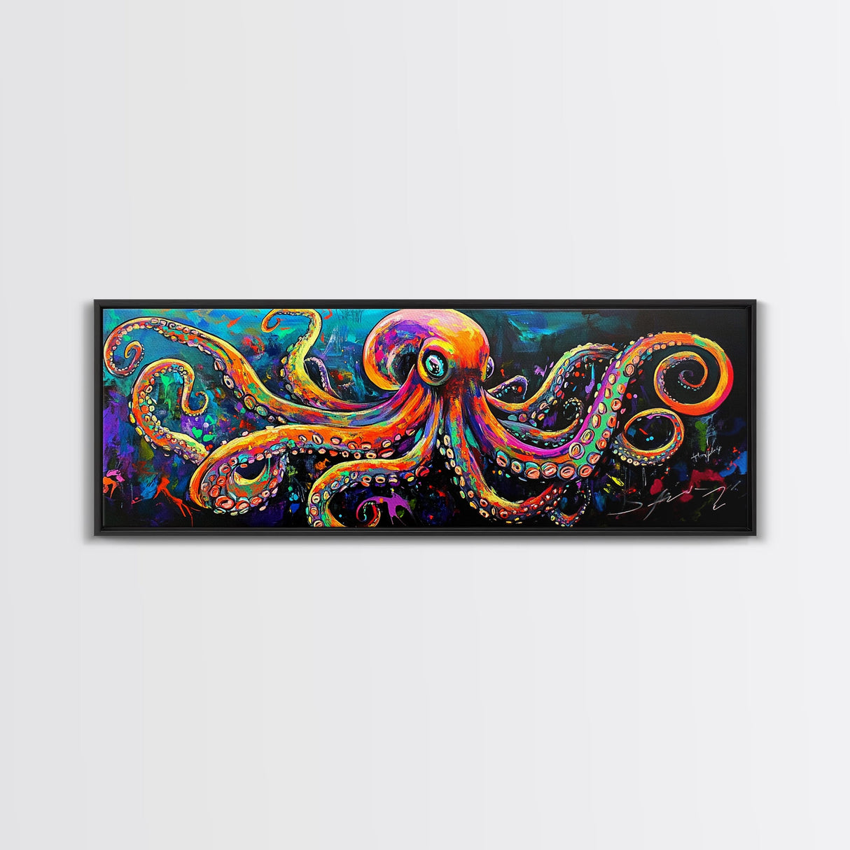 Octopus Art Canvas Print with Bright Neon Colors, Whimsical Art, Coastal Decor, Nautical Wall Art, Tall Skinny Art, Above Bed Wall Art