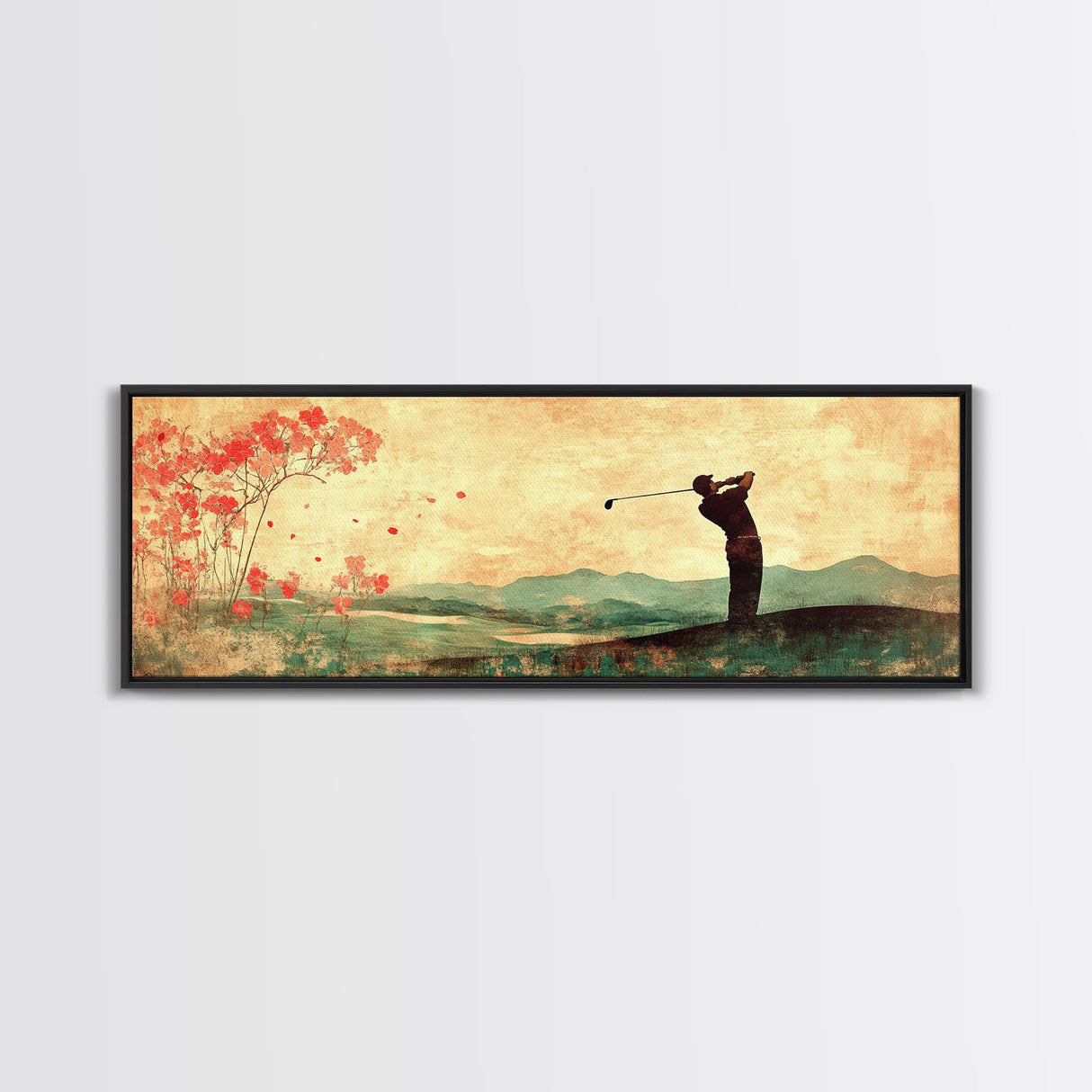 Golf Swing Elegance Framed Canvas Print – Rustic Decor, Golf Art, Panoramic Painting, Horizontal Wall Art, Gift Idea For Him