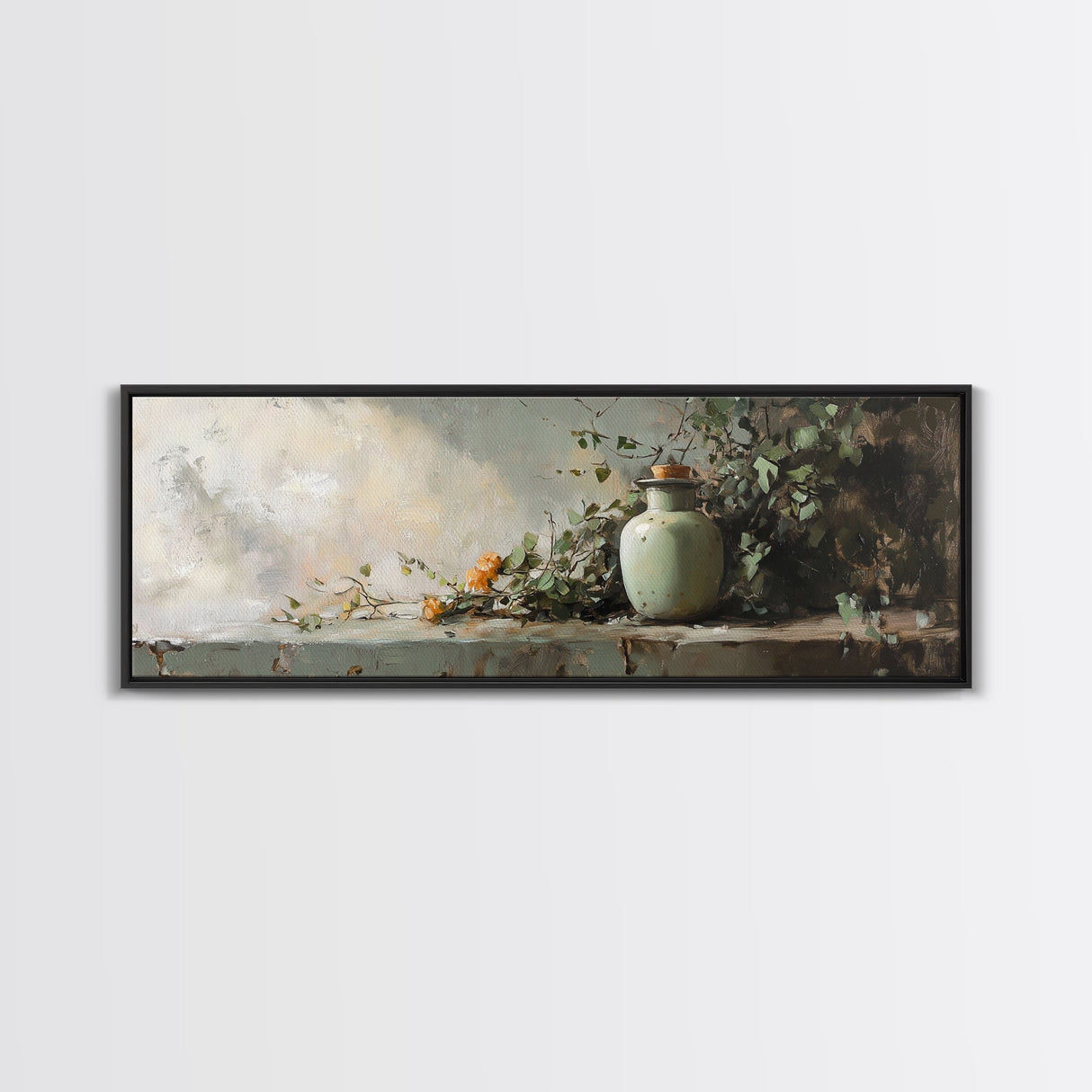 Minimalist Vase with Leaves Framed Canvas Print – Botanical Prints, Green Wall Art, Rustic Wall Art, Above Bed Wall Art, Gift Idea For Her