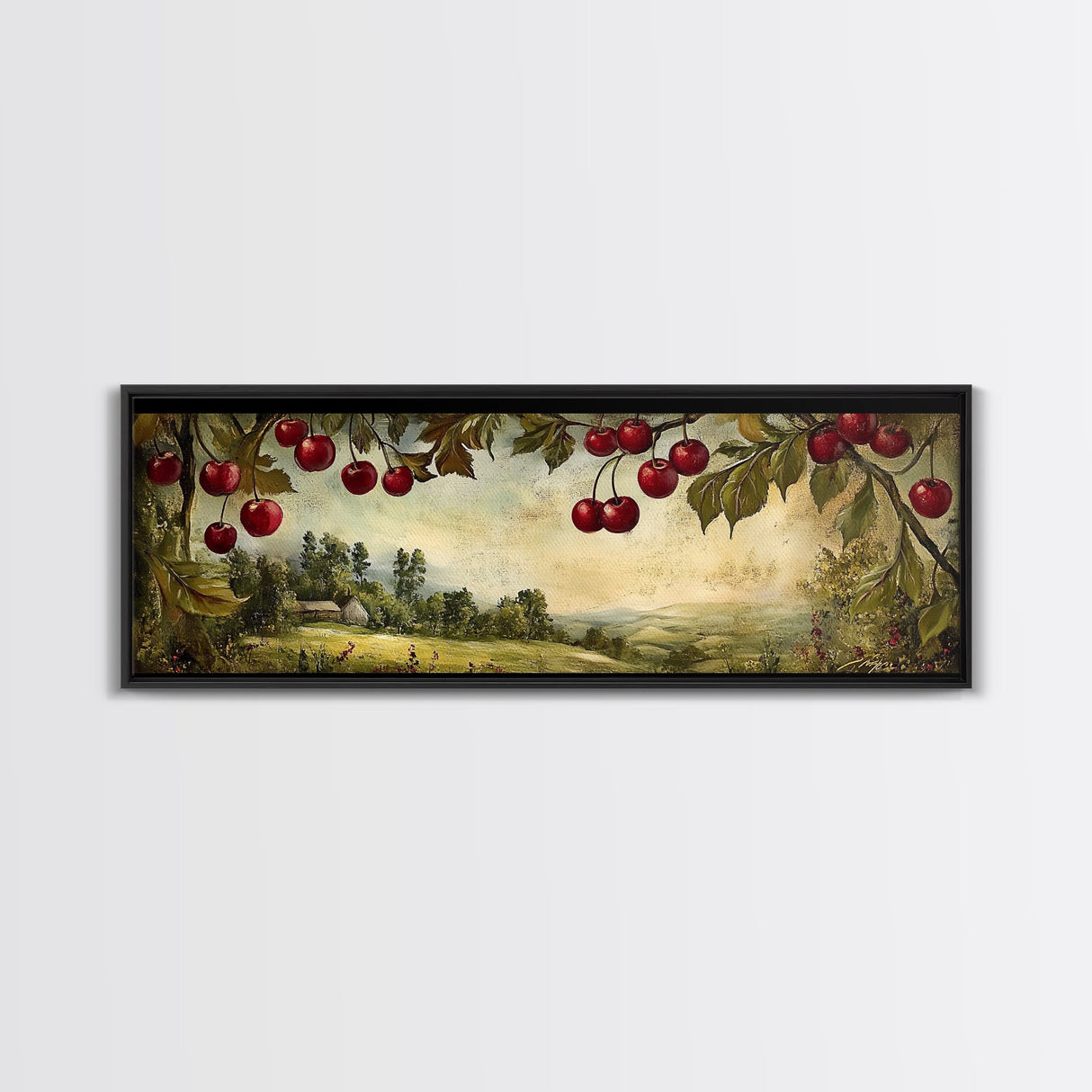 Framed Canvas Print Cherries Wall Art Panoramic Rustic Decor Living Room Horizontal Landscape Art Farmhouse Gift Idea Painting