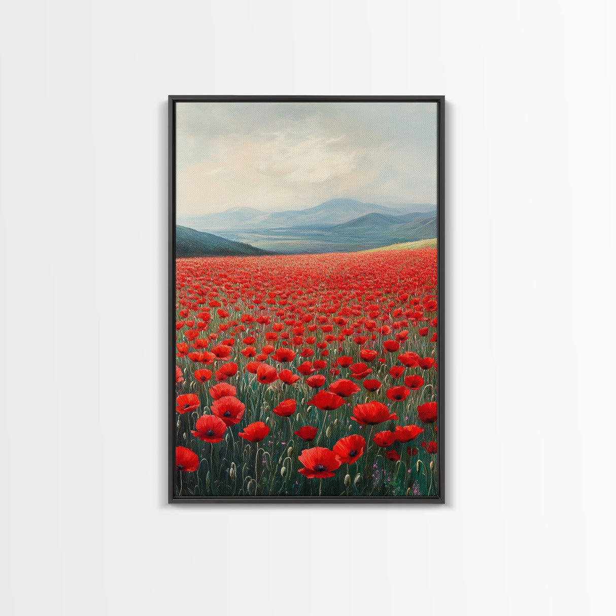 Scenic Poppy Field Framed Canvas Print, Rustic Landscape Painting, Bedroom Art, Farmhouse Wall Decor, Extra Wide Rustic Art