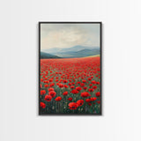 Scenic Poppy Field Framed Canvas Print, Rustic Landscape Painting, Bedroom Art, Farmhouse Wall Decor, Extra Wide Rustic Art