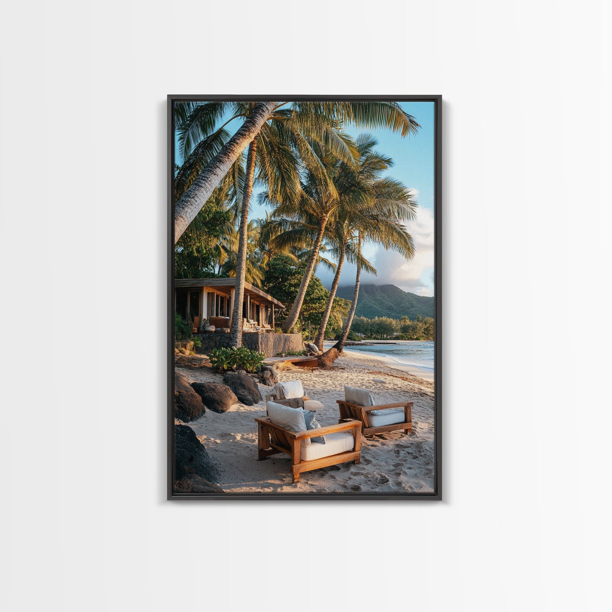 Vibrant Palm Tree Beach Framed Canvas Print – Coastal Decor Wall Art, Hawaiian Landscape Painting, Tropical Nautical Wall Art
