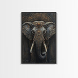 Ornate Elephant Kerala Mural Framed Canvas Print – Ganesh Wall Art, Sacred Geometry Art, Indian Inspired Decor Rustic Living Room Art