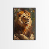 Regal Lion Oil Painting Framed Canvas Print – Rustic Decor Wall Art, African Lion Wildlife, Above Couch Art, Bold Statement Piece