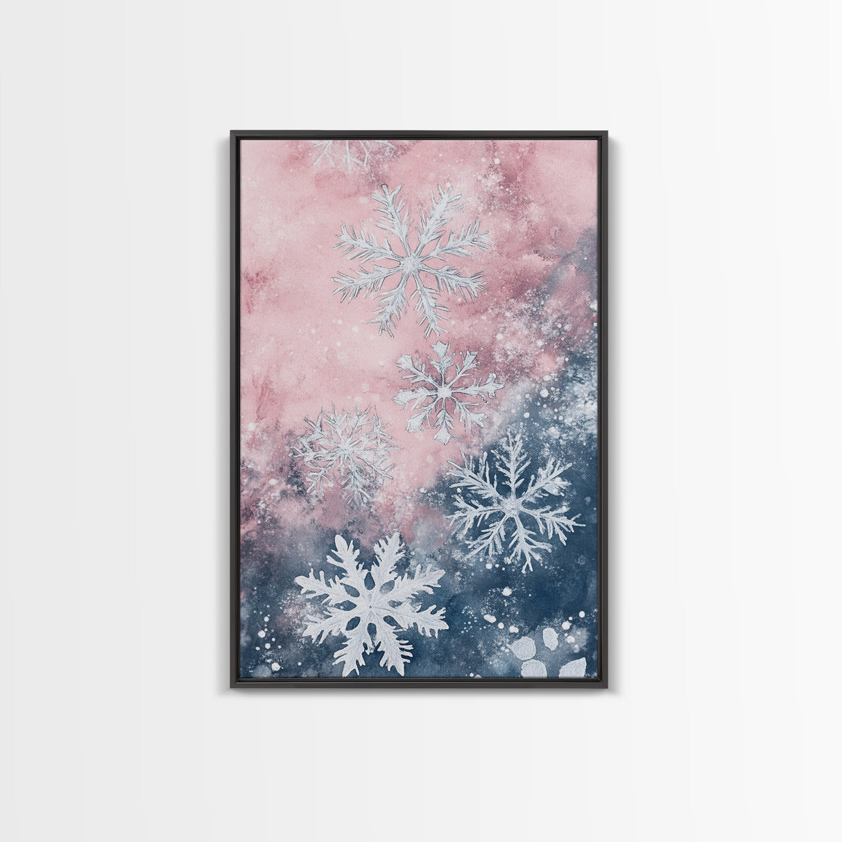 Snowflake Winter Light Pink Wall Art Framed Canvas Print | Wabi Sabi Minimalist Christmas Art | Cozy Holiday Living Room Decor