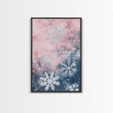 Snowflake Winter Light Pink Wall Art Framed Canvas Print | Wabi Sabi Minimalist Christmas Art | Cozy Holiday Living Room Decor