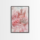 Elegant watercolor crowns and roses painting, framed canvas print, rose painting, goddess art print, chic pink wall art for living room