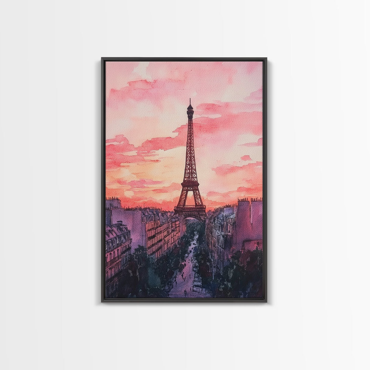 Eiffel Tower Sunset Framed Canvas Print Paris Landscape Painting French Cityscape Wall Art Bedroom Decor Romantic Gift Pink Orange Art