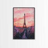 Eiffel Tower Sunset Framed Canvas Print Paris Landscape Painting French Cityscape Wall Art Bedroom Decor Romantic Gift Pink Orange Art