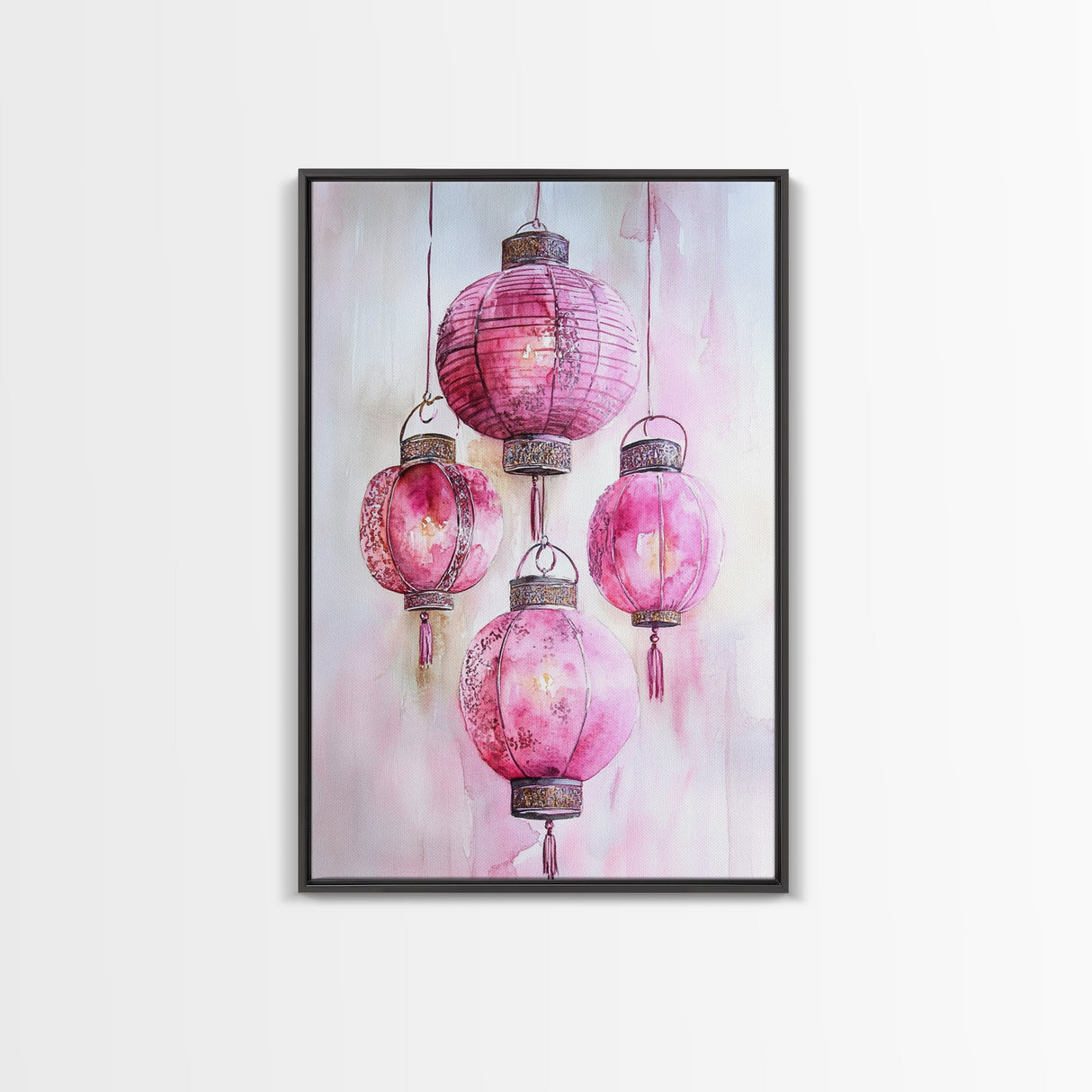 Pink Lanterns Framed Canvas Print, Chinoiserie Wall Art, Cozy Living Room Decor, Boho Aesthetic, Vertical Oriental Light Pink Wall Art