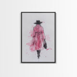 Woman in Coat Framed Canvas Print Light Pink Wall Art Moody Minimalist Fashion Illustration Rustic Aesthetic Unique Gift Idea