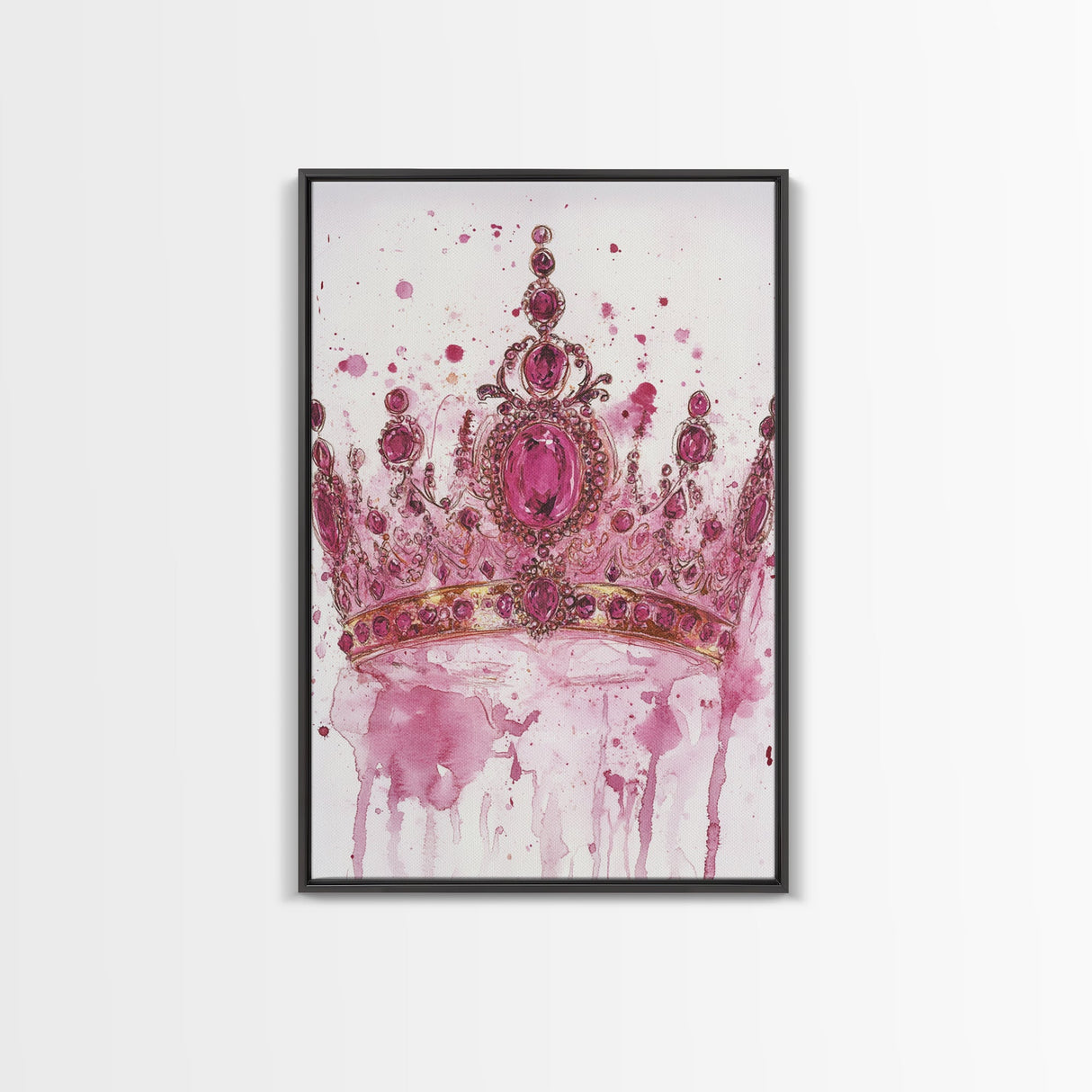Regal jeweled crown painting featuring framed canvas print, moody art, pink wall art for dorm, unique goddess art print decor