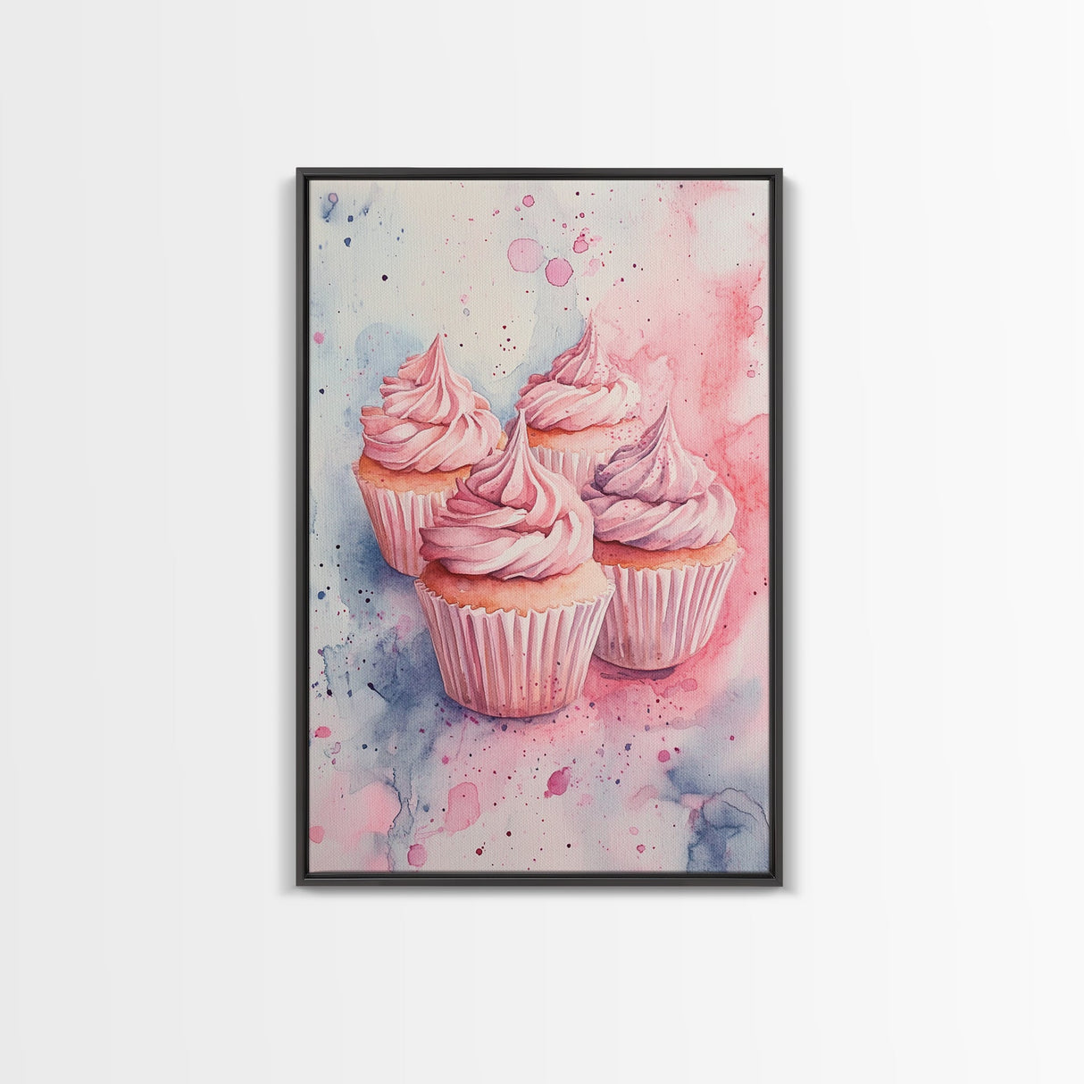 Pink frosted cupcake painting on framed canvas print, whimsical art, food review kitchen art, living room art, guest room decor