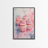 Pink frosted cupcake painting on framed canvas print, whimsical art, food review kitchen art, living room art, guest room decor