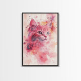 Pink Cat Portrait Canvas Print, Whimsical Art, Feline Wall Art, Light Pink Wall Art, Bedroom Art, Artistic Decor, Gift Idea for Cat Lovers