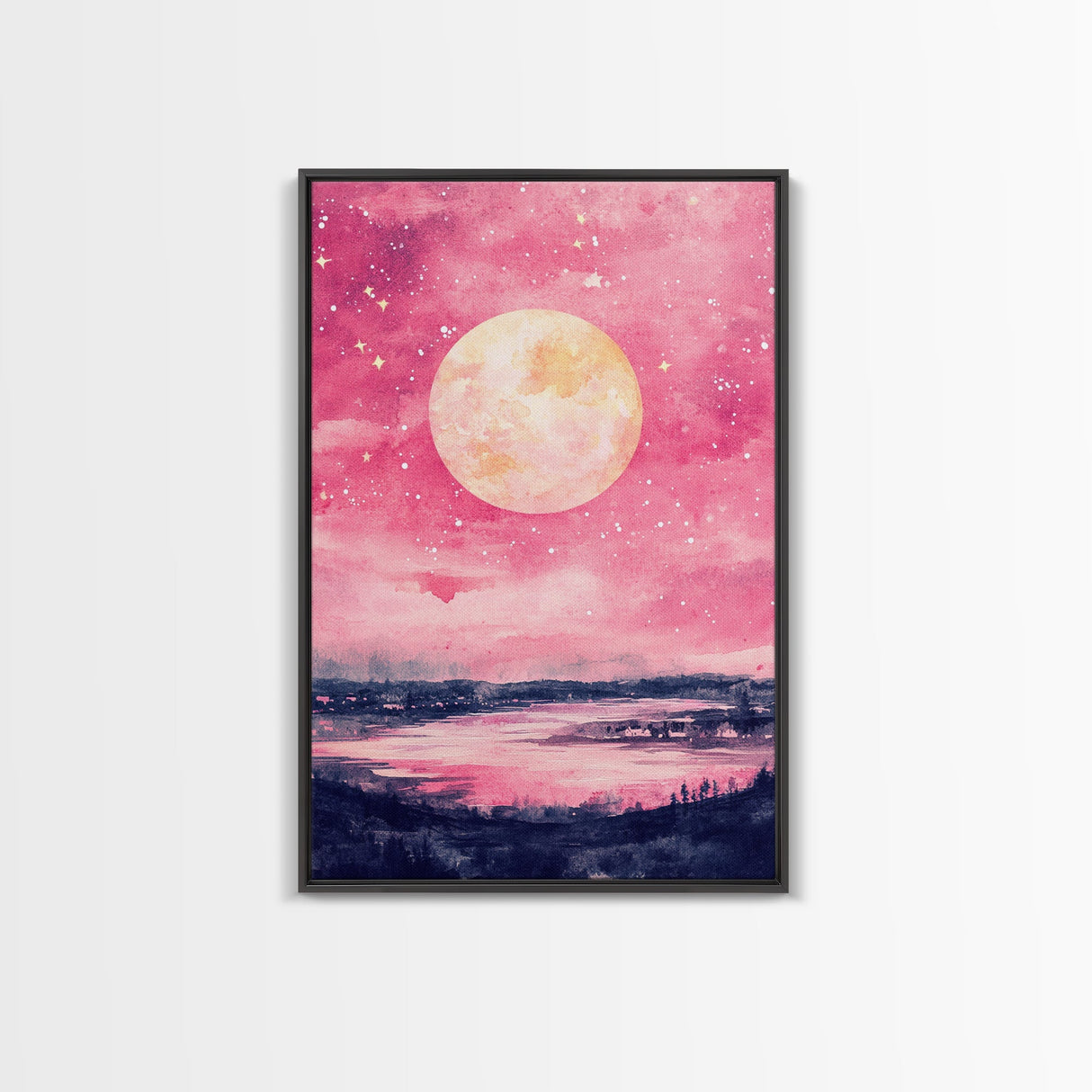 Moonlit Sky over Lake Framed Canvas Print, Pink Night Landscape Painting Coastal Wall Art, Minimalist Bedroom or Guest Room Decor