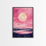 Moonlit Sky over Lake Framed Canvas Print, Pink Night Landscape Painting Coastal Wall Art, Minimalist Bedroom or Guest Room Decor