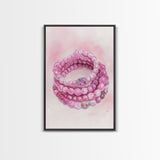 Pink Gemstone Bracelet Painting Framed Canvas Print, Whimsical Jewelry Art Light Pink Decor, Feminine Bedroom or Gift Aesthetic