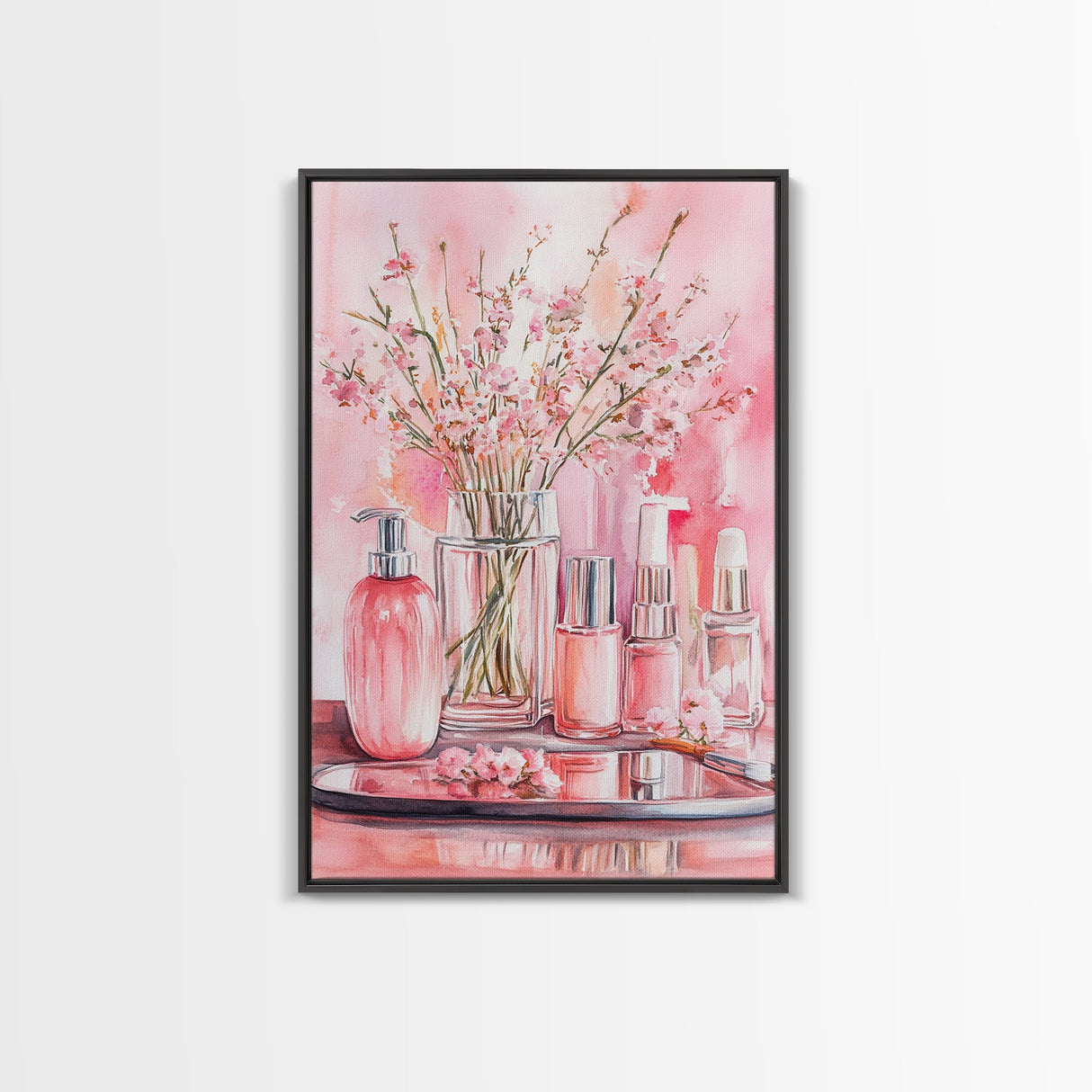 Pink wildflower botanical prints with glass bottles framed canvas print for bedroom or guest room rustic decor gift idea her wall art