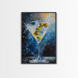 Elegant Olive Martini Framed Canvas Print with Vibrant Cocktail Art for Living Room or Kitchen, Rustic Home Decor
