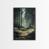 Forest Path Landscape Framed Canvas Print with Pine Tree Art, Rustic Decor and Serene Nature Above Sofa Artwork