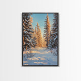 Winter Wonderland Framed Canvas Print, Snowy Forest Landscape Painting with Pine Tree Art, Cozy Rustic Wall Decor