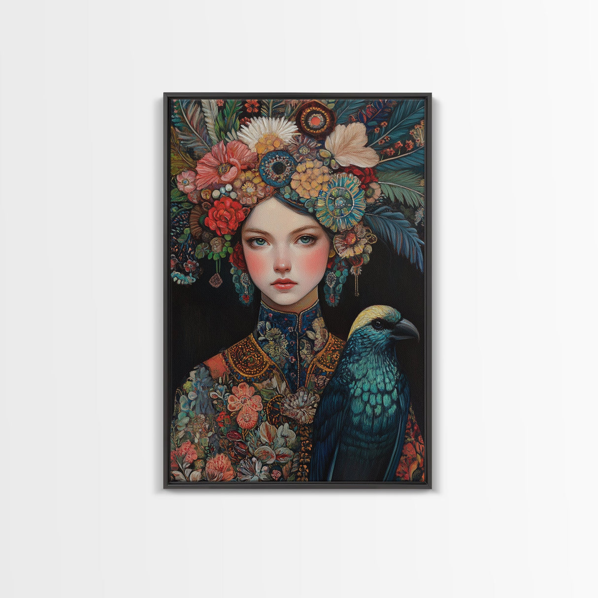 Goddess Art Framed Canvas Print Featuring Whimsical Floral Headdress and Bird Art, Boho Bedroom Art with Vibrant Chinoiserie Vibes