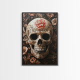 Skull Art Framed Canvas Print with Floral Botanical Prints in Gothic Chinoiserie Style, Perfect Halloween Rustic Wall Art Decoration