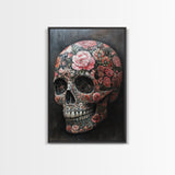 Skull Art Framed Canvas Print with Intricate Floral Patterns in Gothic Boho Style, Chinoiserie-Inspired Rustic Bedroom or Living Room Art