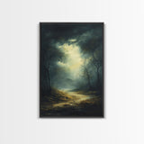 Forest at Dusk Framed Canvas Print with Moody Dark Romance Painting, Fall-Inspired Smoky Mountain Art Perfect Above Bed Wall Decor