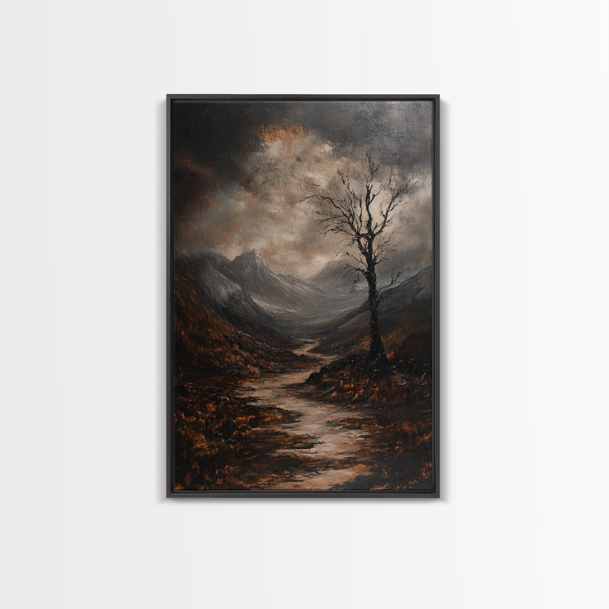Mountain Painting Framed Canvas Print with Mystical Sunrise Over Autumn Forest Path, Rustic Landscape Art with Moody Coastal Vibes