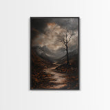 Mountain Painting Framed Canvas Print with Mystical Sunrise Over Autumn Forest Path, Rustic Landscape Art with Moody Coastal Vibes